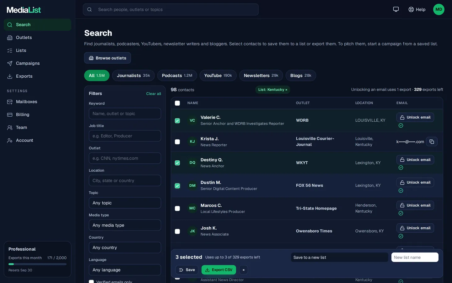 Media List search results with filters, showing contacts and verified emails