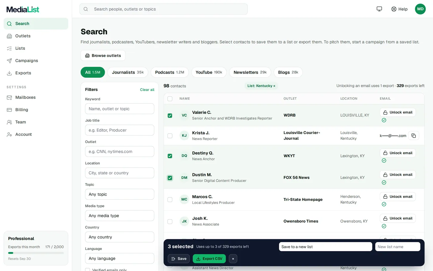 Media List search results with filters, showing contacts and verified emails