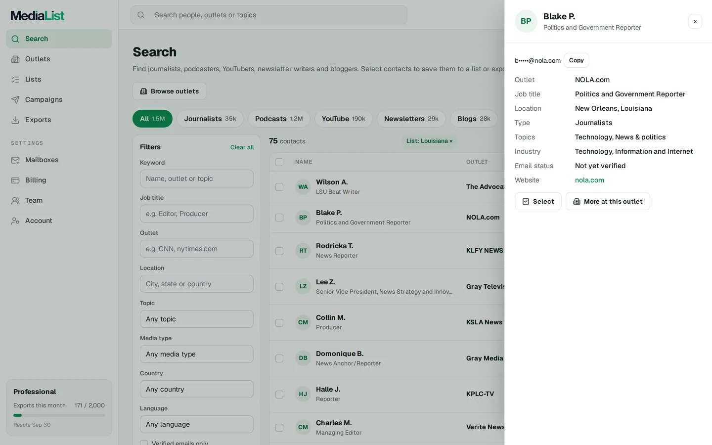 A contact opened in Media List, showing details and an unlocked email