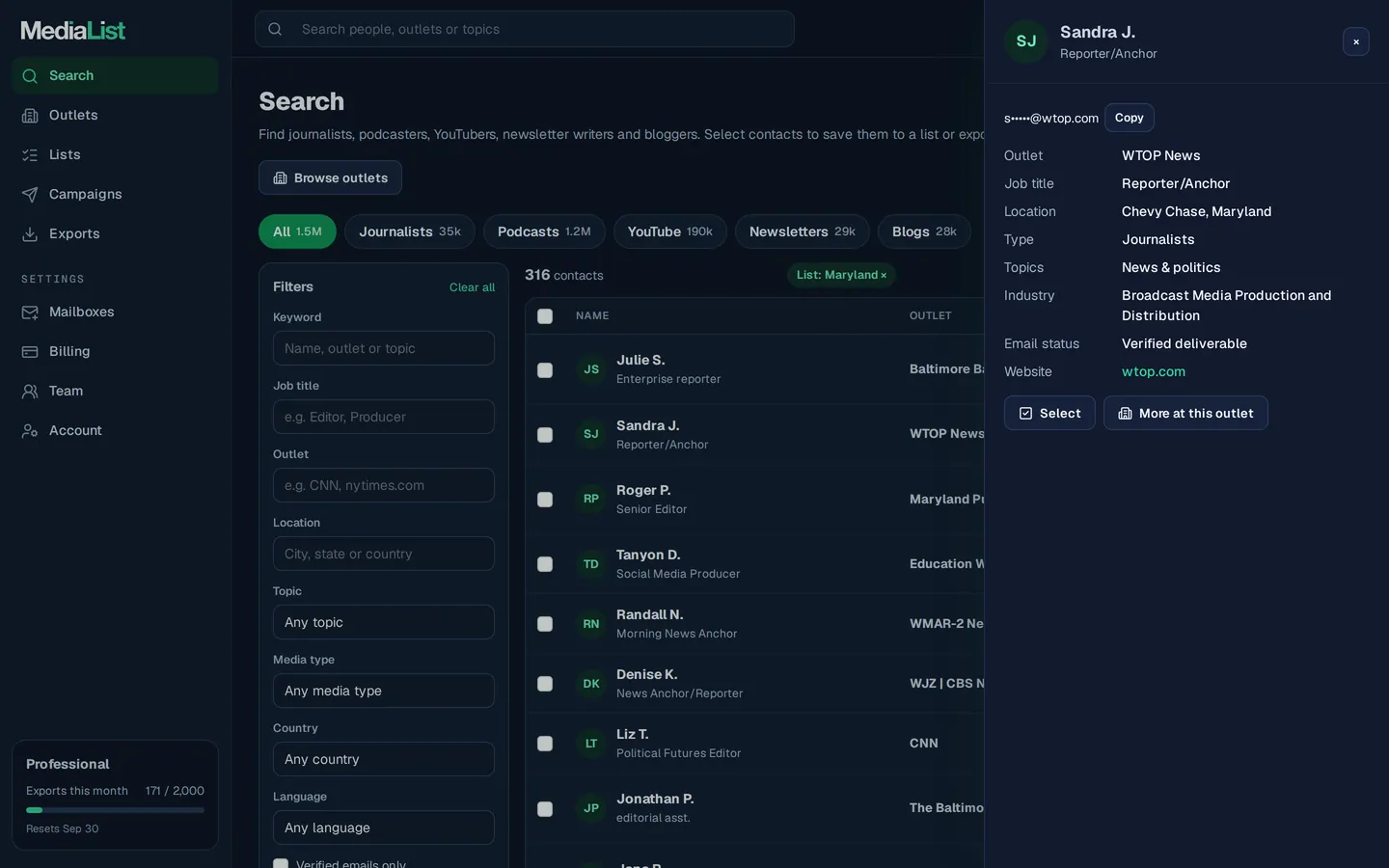 A contact opened in Media List, showing details and an unlocked email
