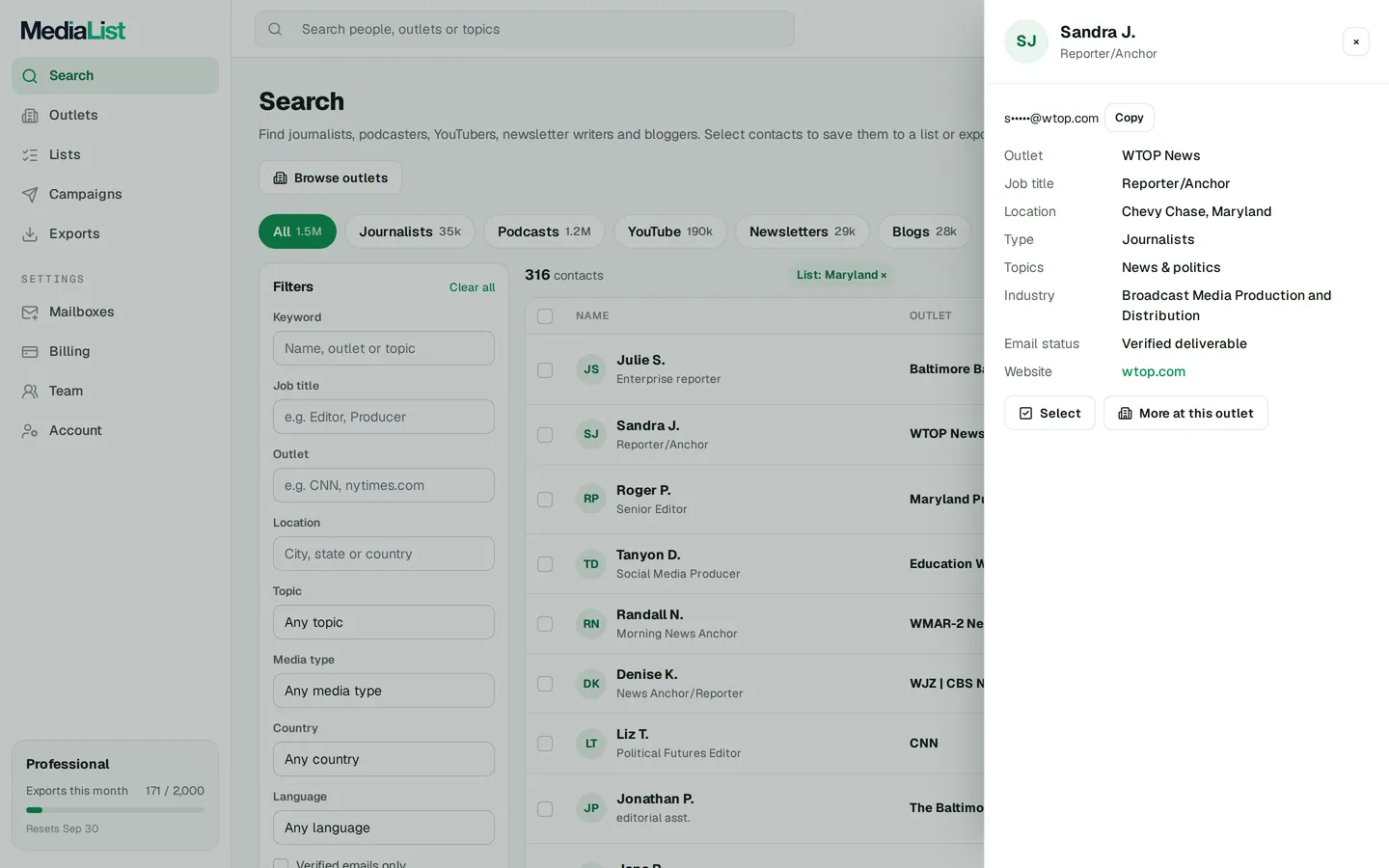 A contact opened in Media List, showing details and an unlocked email