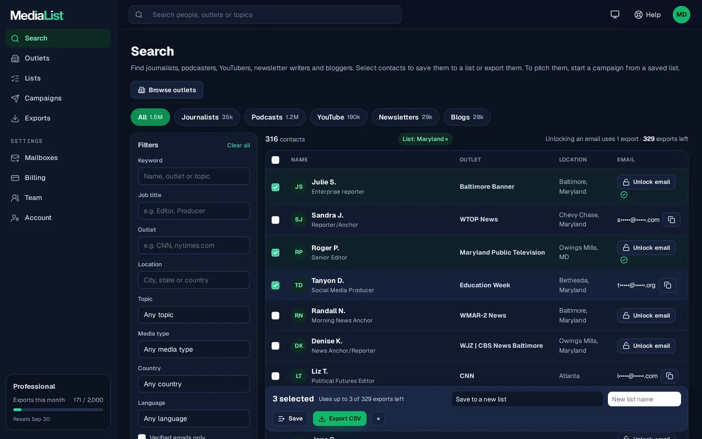 Media List search results with filters, showing contacts and verified emails