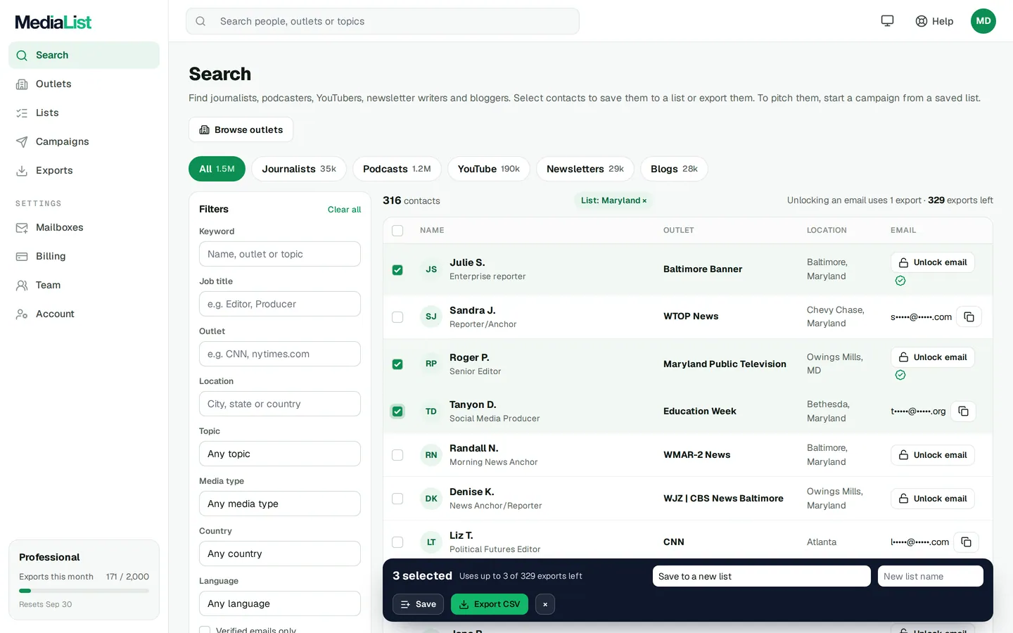 Media List search results with filters, showing contacts and verified emails
