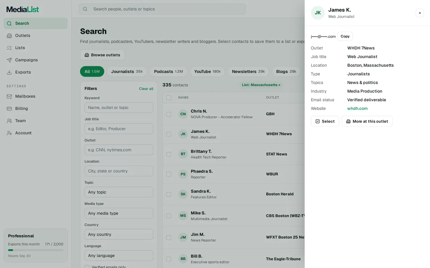 A contact opened in Media List, showing details and an unlocked email
