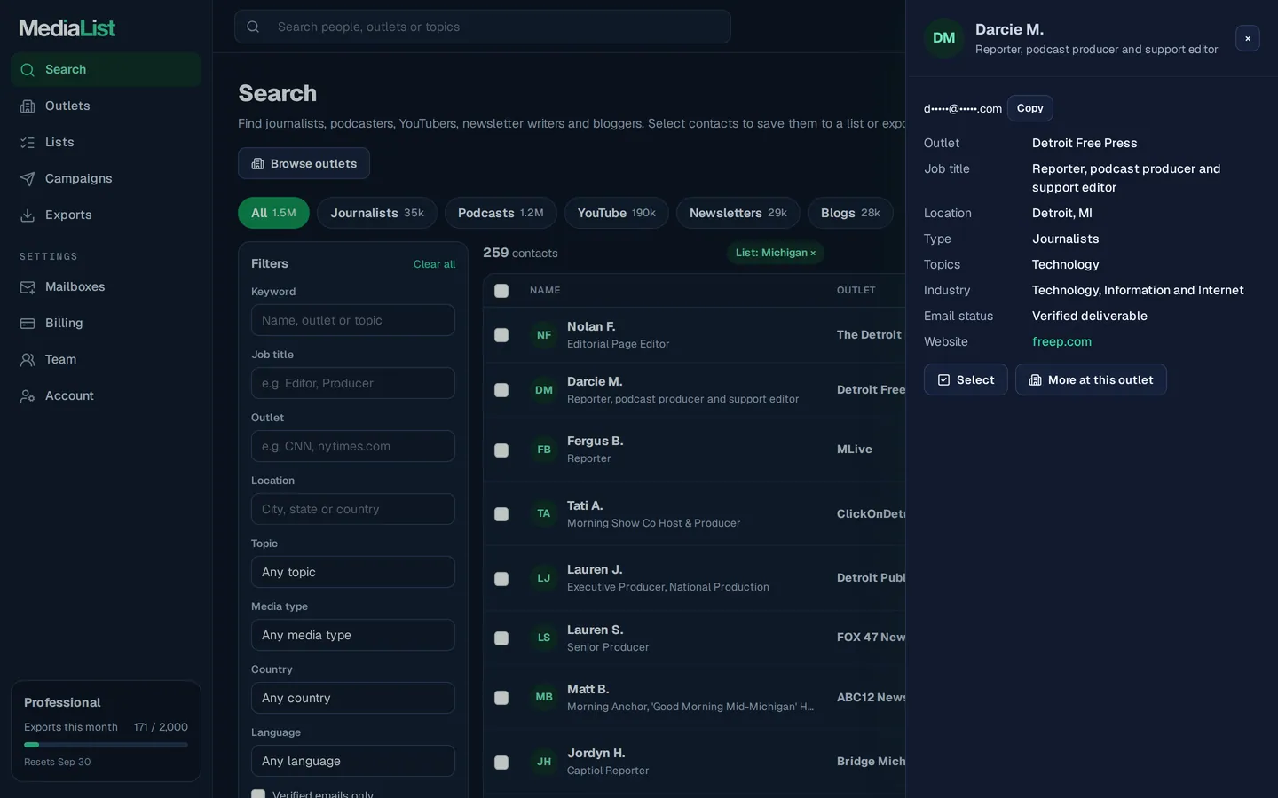 A contact opened in Media List, showing details and an unlocked email