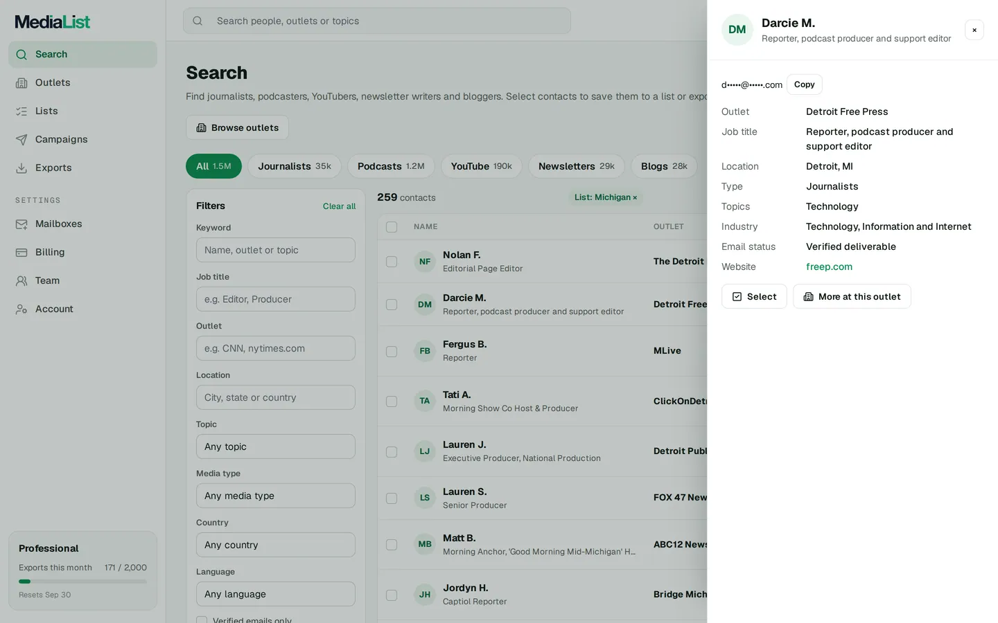 A contact opened in Media List, showing details and an unlocked email
