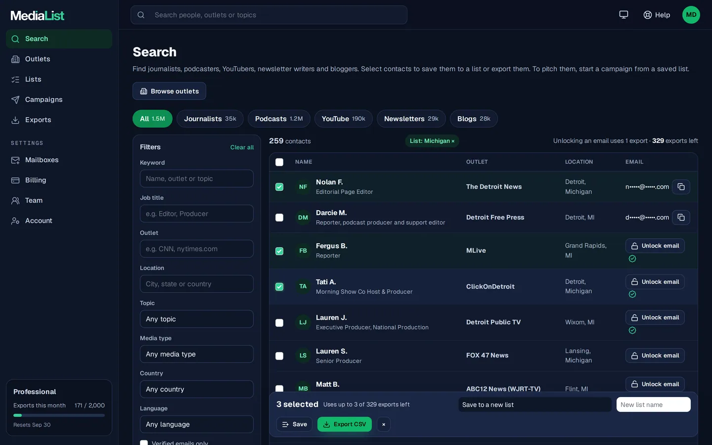 Media List search results with filters, showing contacts and verified emails