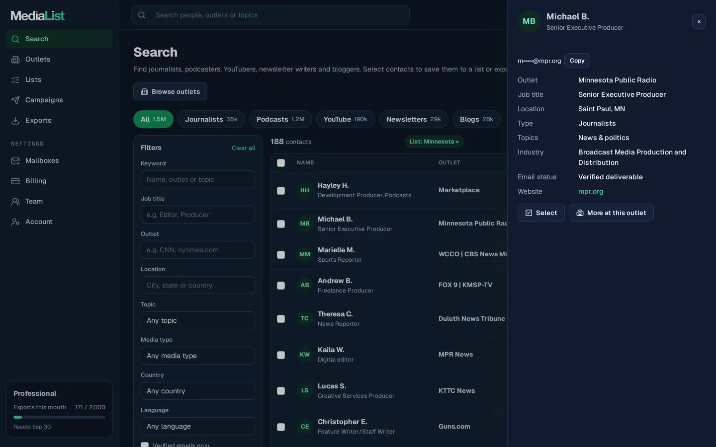 A contact opened in Media List, showing details and an unlocked email