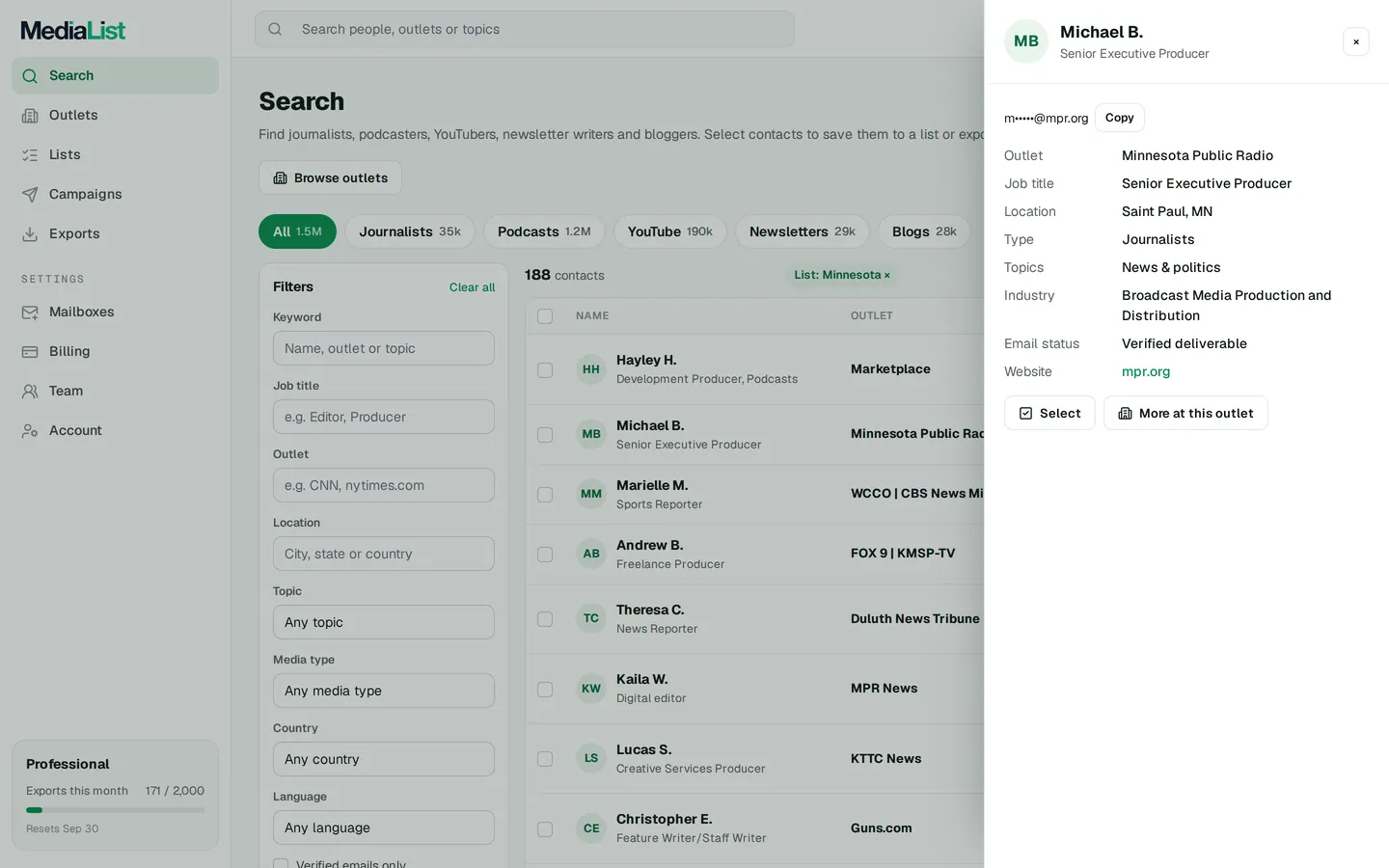 A contact opened in Media List, showing details and an unlocked email