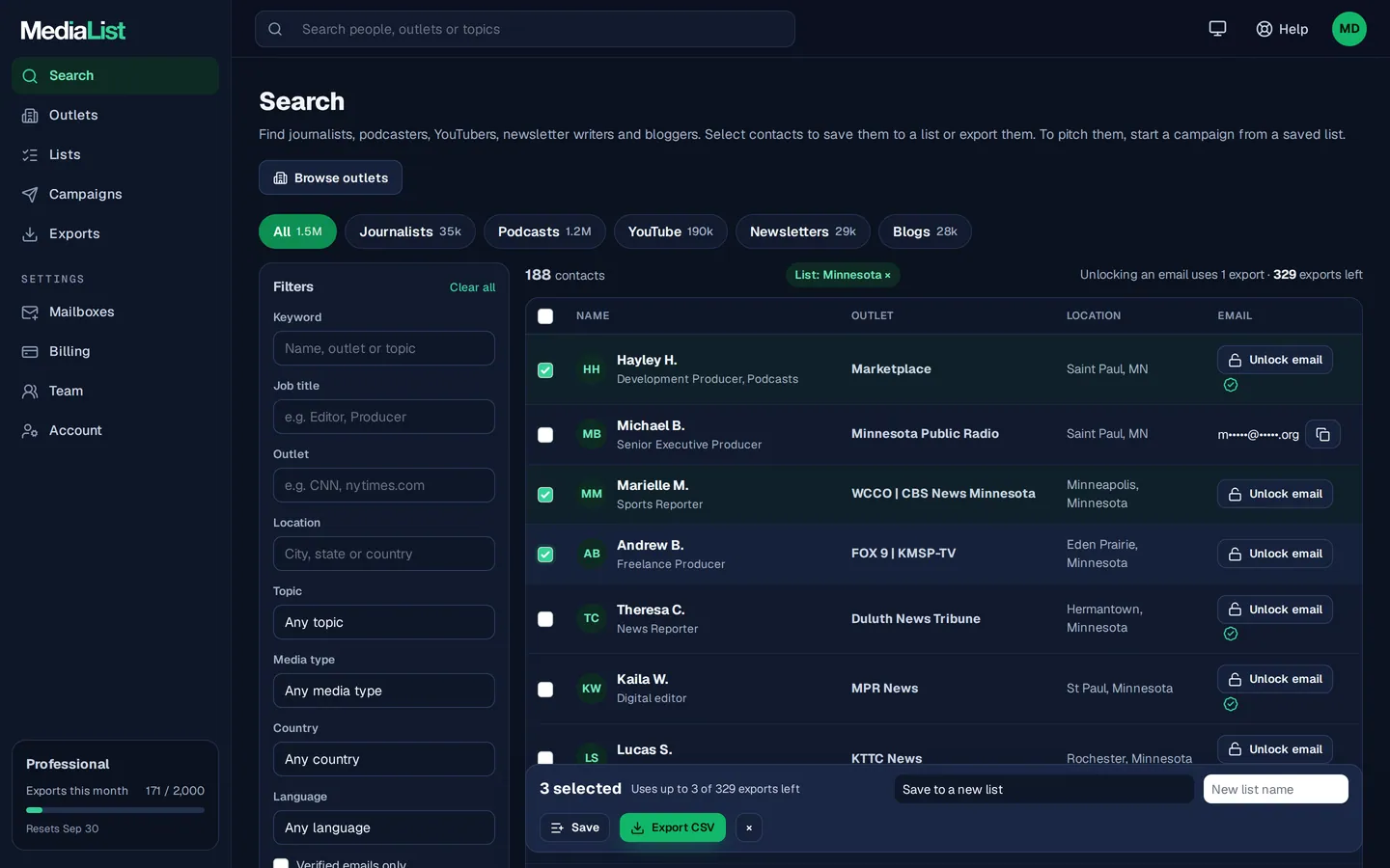 Media List search results with filters, showing contacts and verified emails
