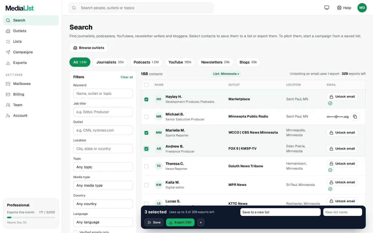Media List search results with filters, showing contacts and verified emails