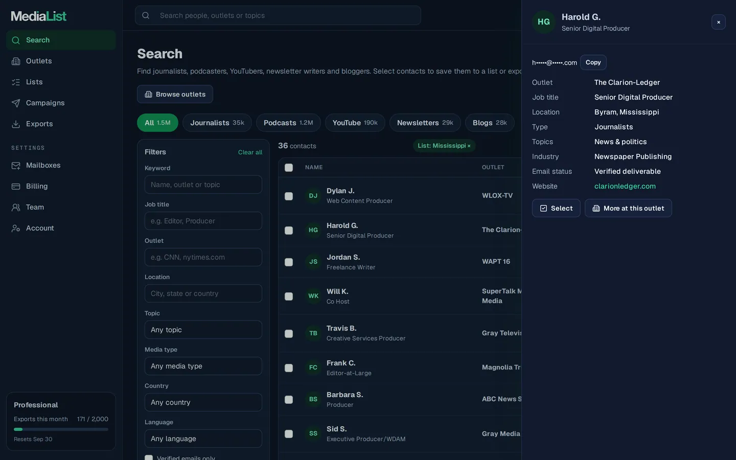 A contact opened in Media List, showing details and an unlocked email