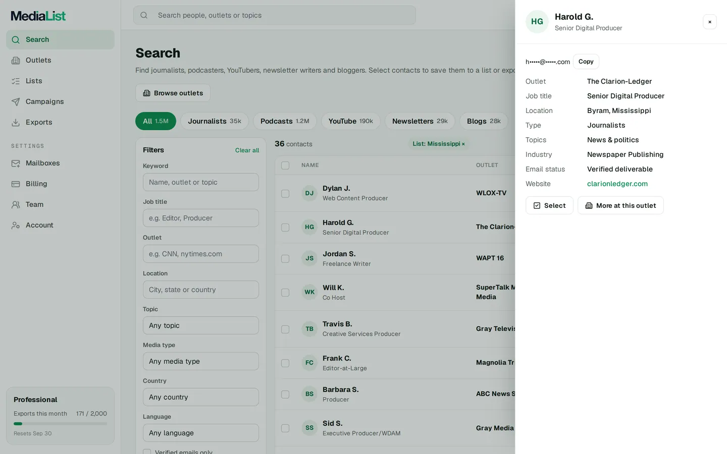 A contact opened in Media List, showing details and an unlocked email