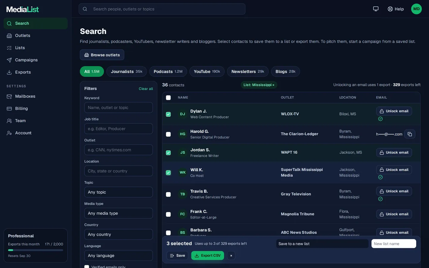 Media List search results with filters, showing contacts and verified emails