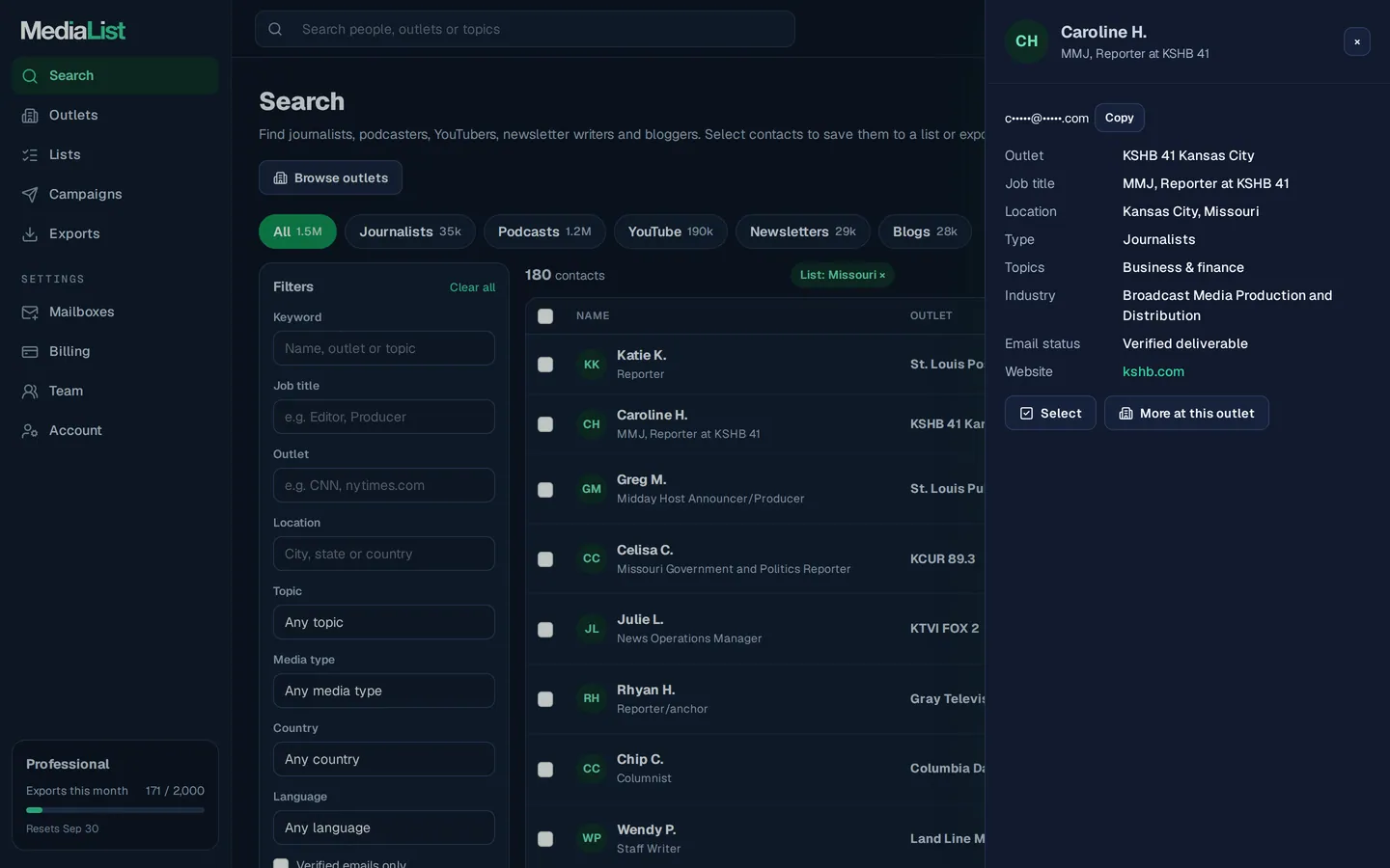 A contact opened in Media List, showing details and an unlocked email