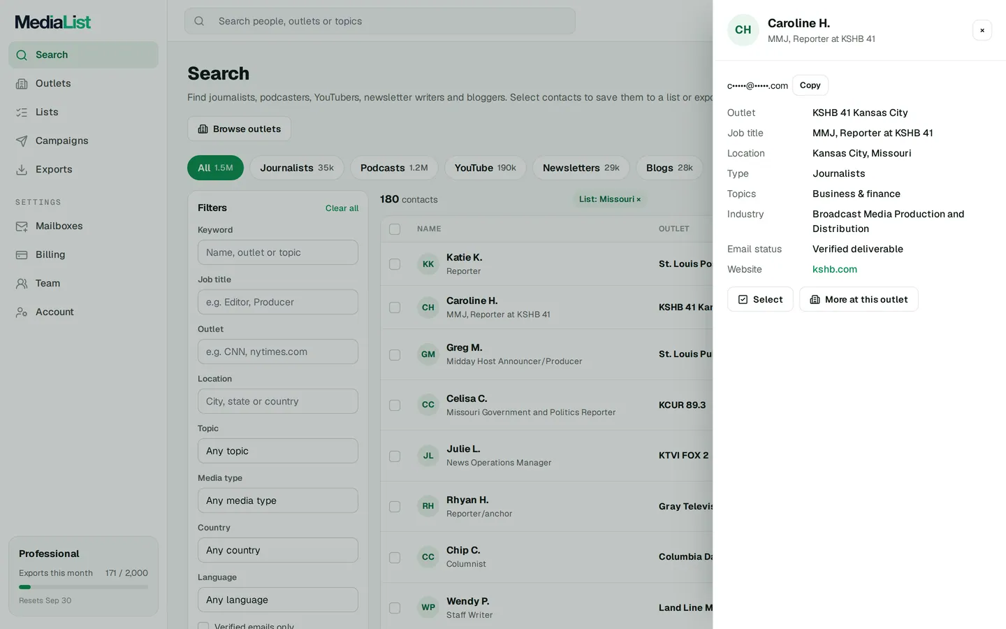 A contact opened in Media List, showing details and an unlocked email