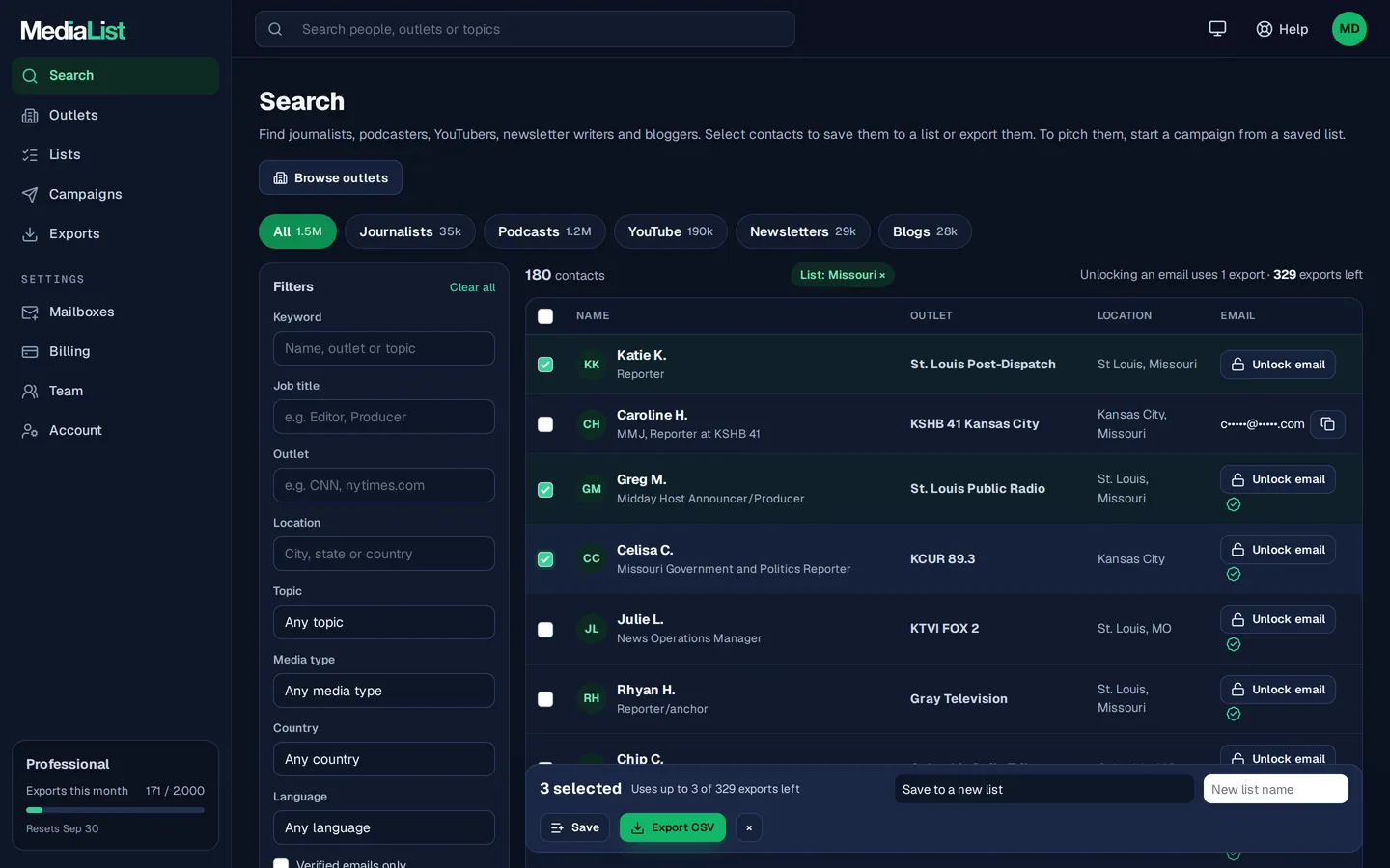 Media List search results with filters, showing contacts and verified emails