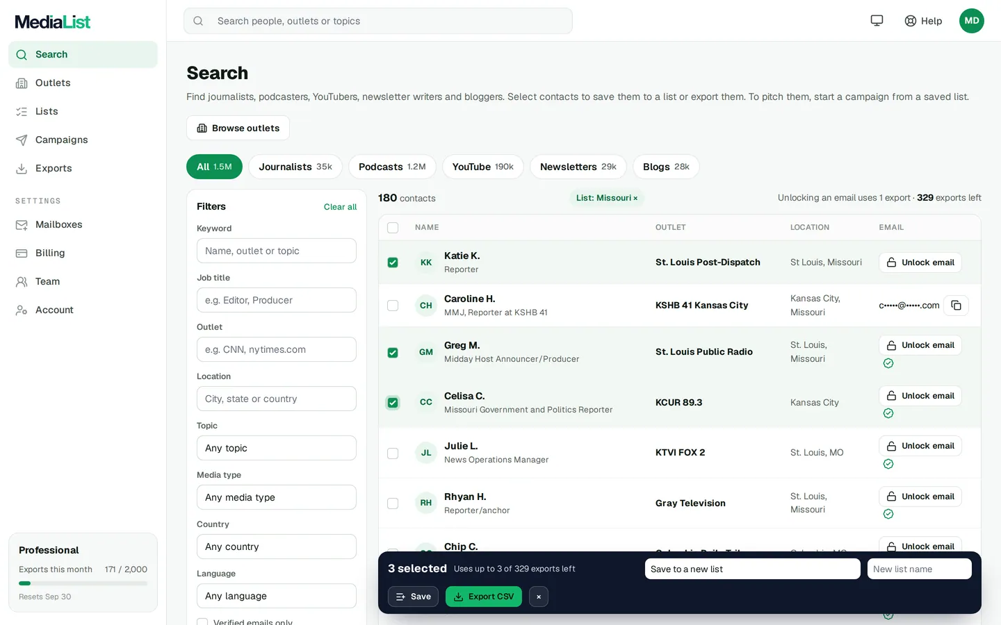 Media List search results with filters, showing contacts and verified emails