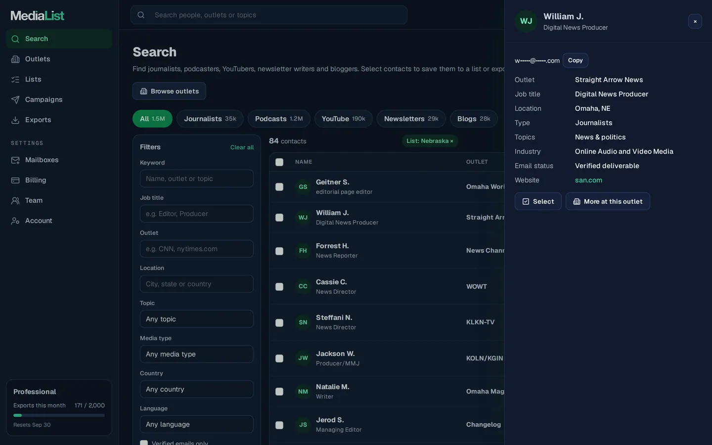 A contact opened in Media List, showing details and an unlocked email