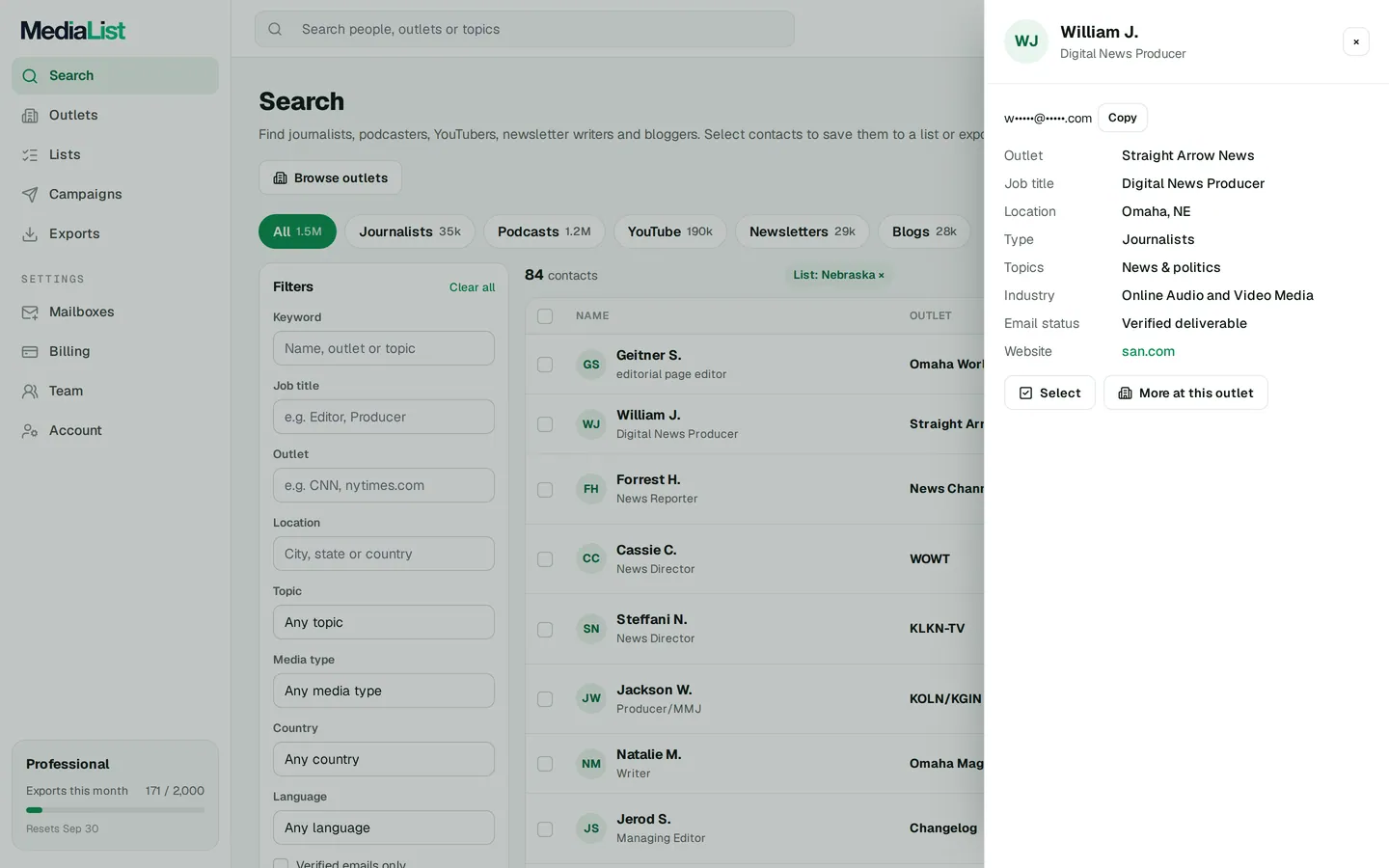 A contact opened in Media List, showing details and an unlocked email