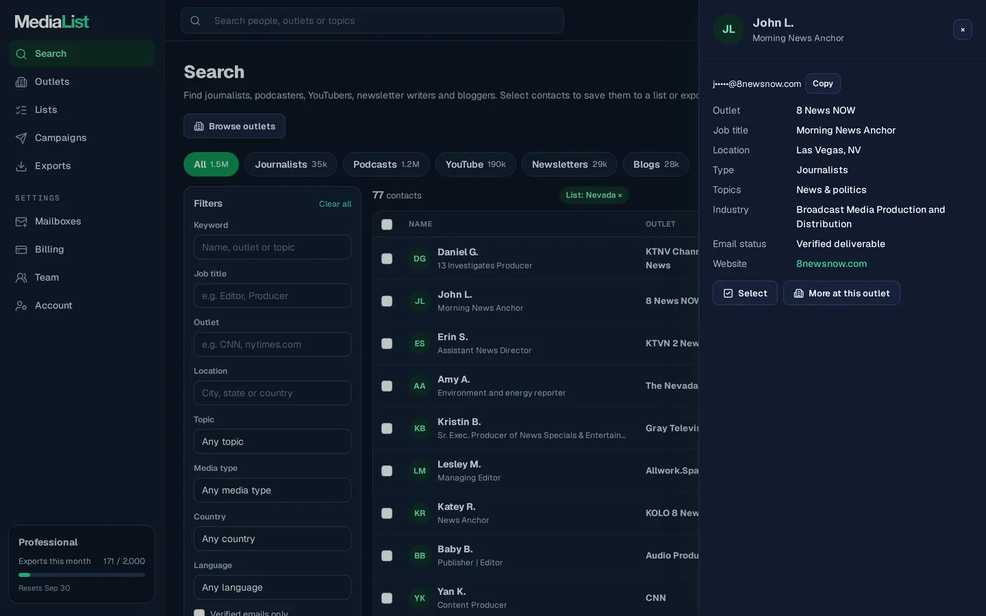 A contact opened in Media List, showing details and an unlocked email