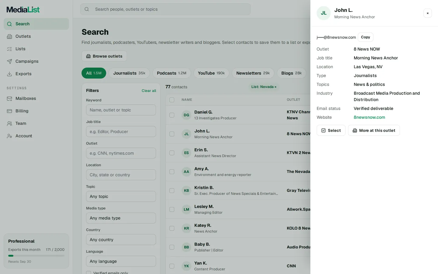 A contact opened in Media List, showing details and an unlocked email