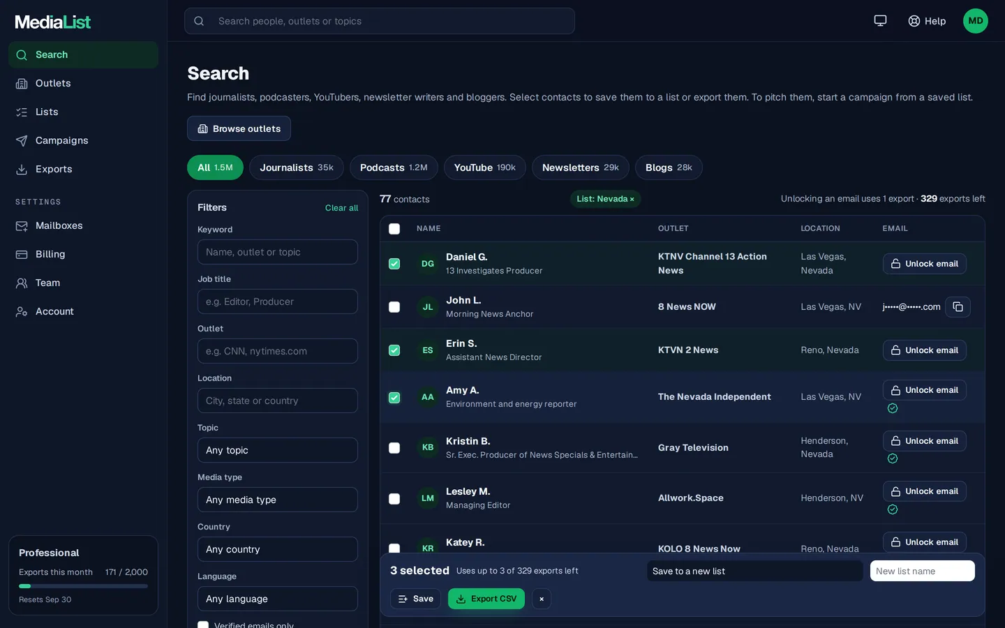 Media List search results with filters, showing contacts and verified emails
