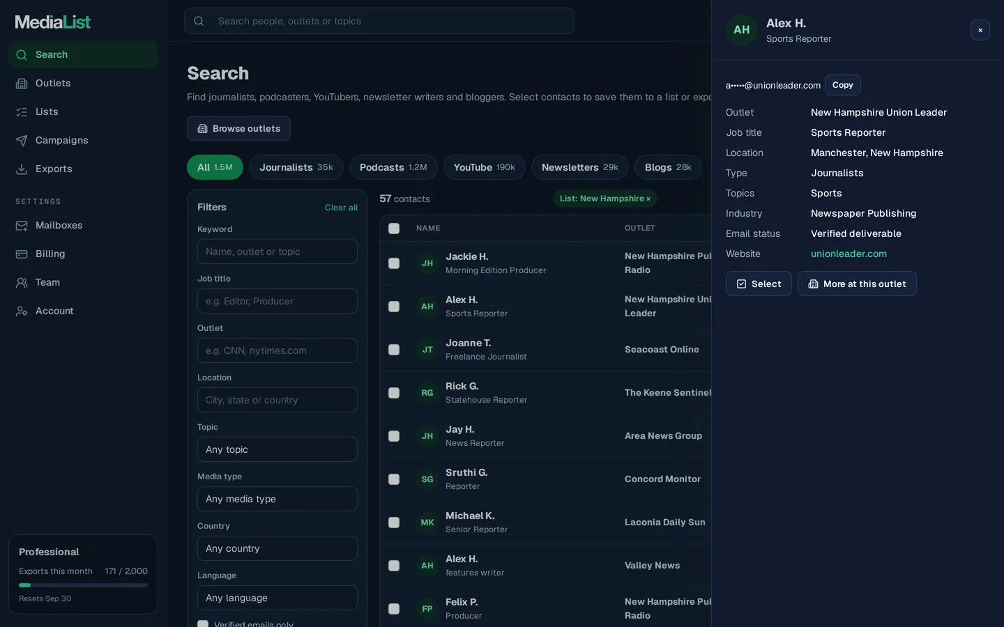 A contact opened in Media List, showing details and an unlocked email