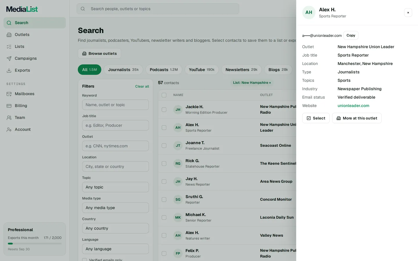 A contact opened in Media List, showing details and an unlocked email