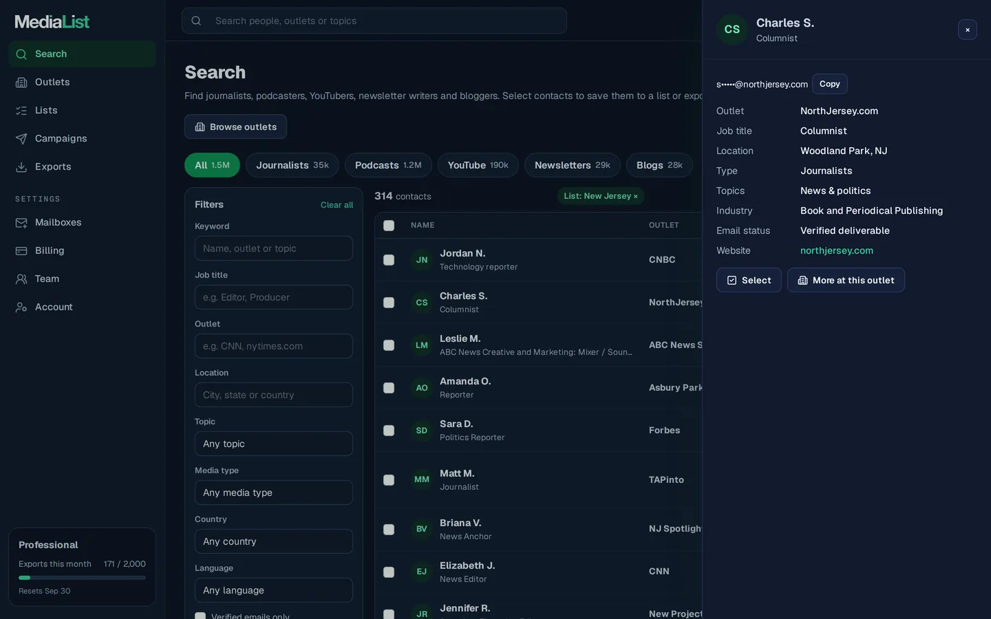 A contact opened in Media List, showing details and an unlocked email