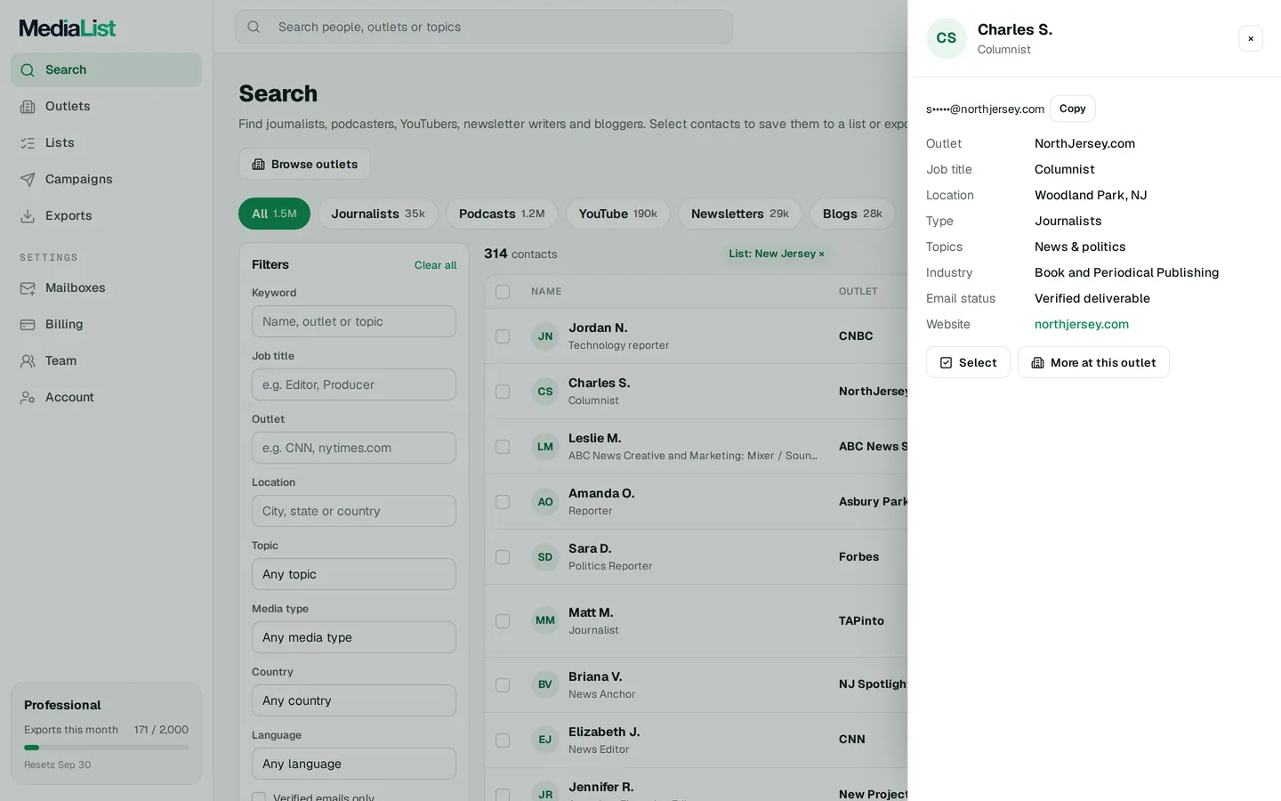 A contact opened in Media List, showing details and an unlocked email
