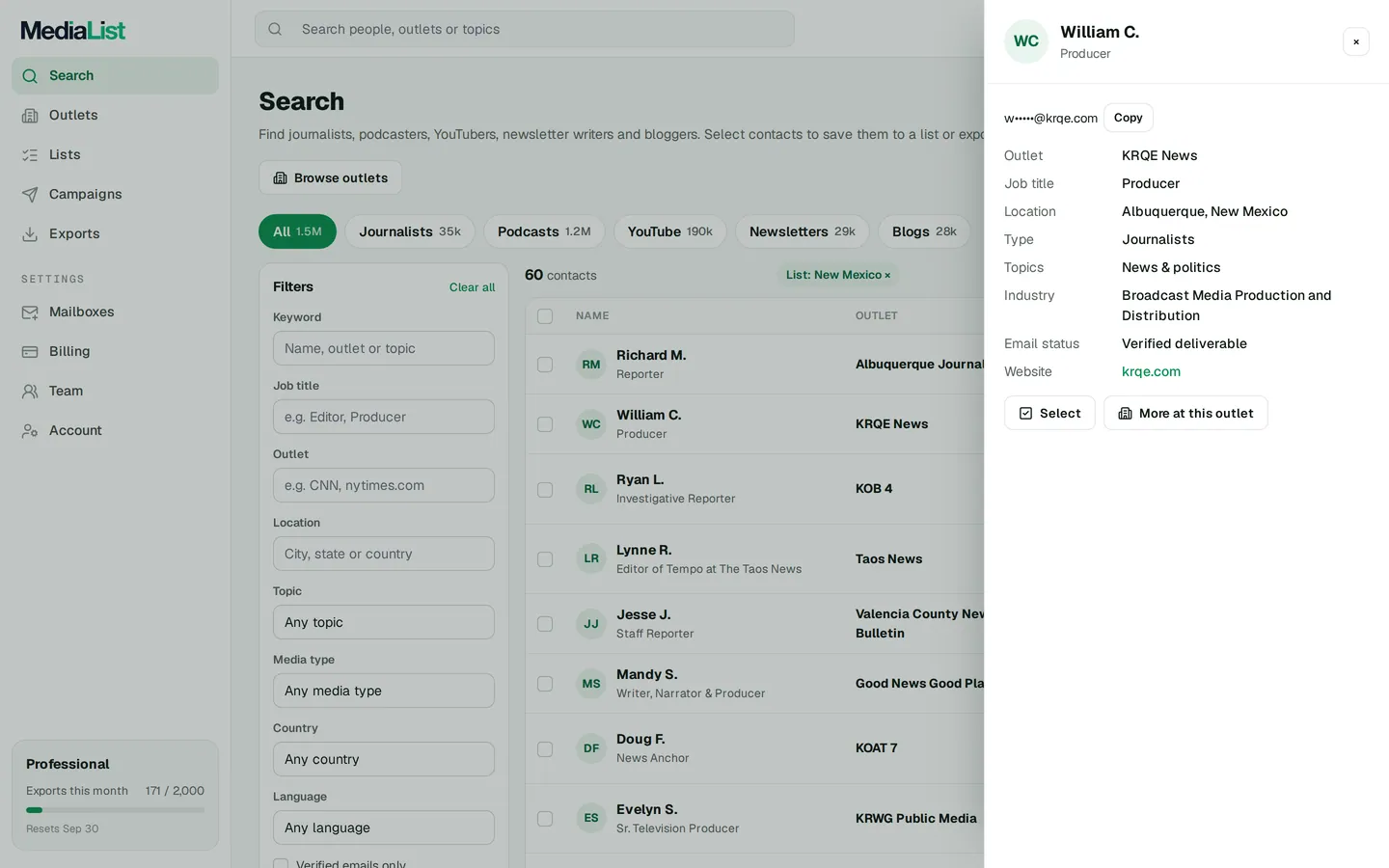 A contact opened in Media List, showing details and an unlocked email