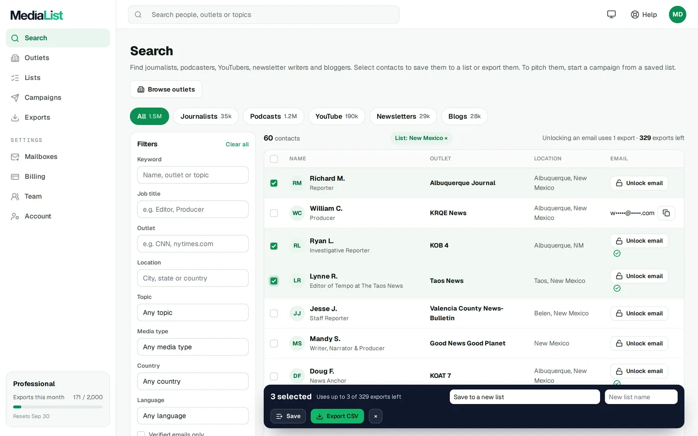 Media List search results with filters, showing contacts and verified emails