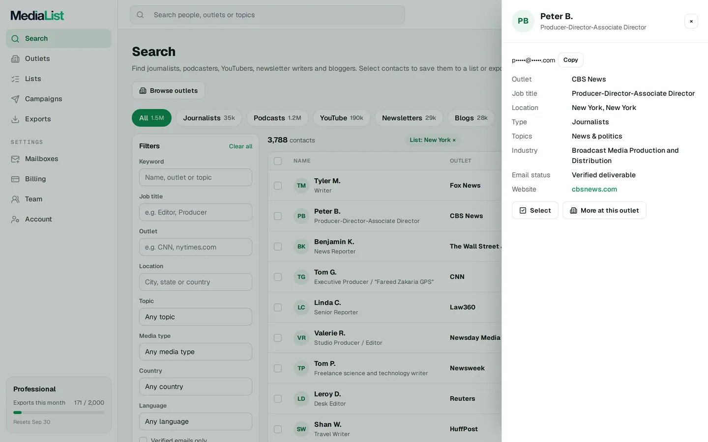 A contact opened in Media List, showing details and an unlocked email