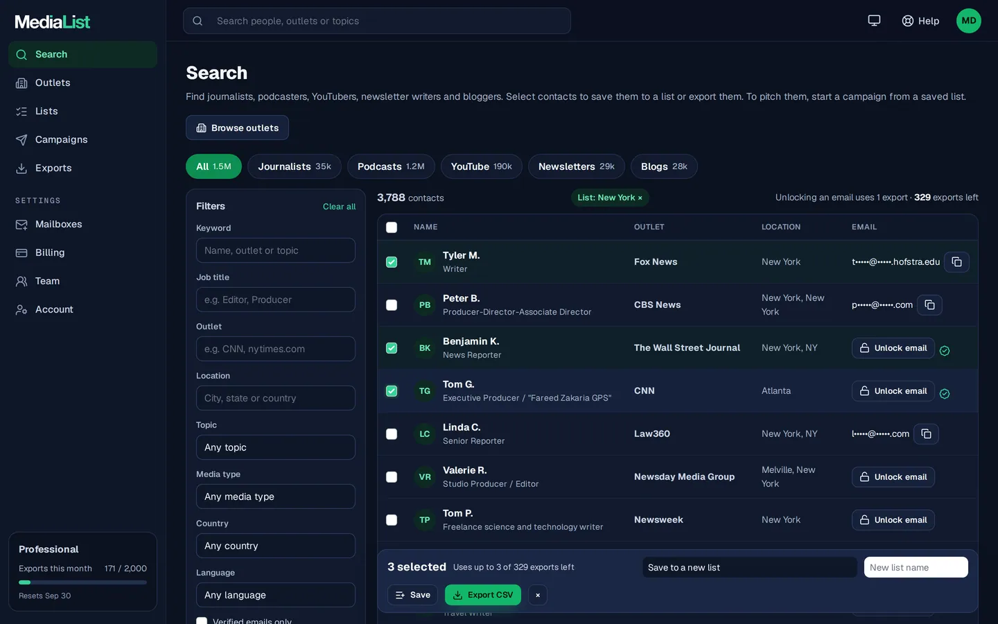 Media List search results with filters, showing contacts and verified emails