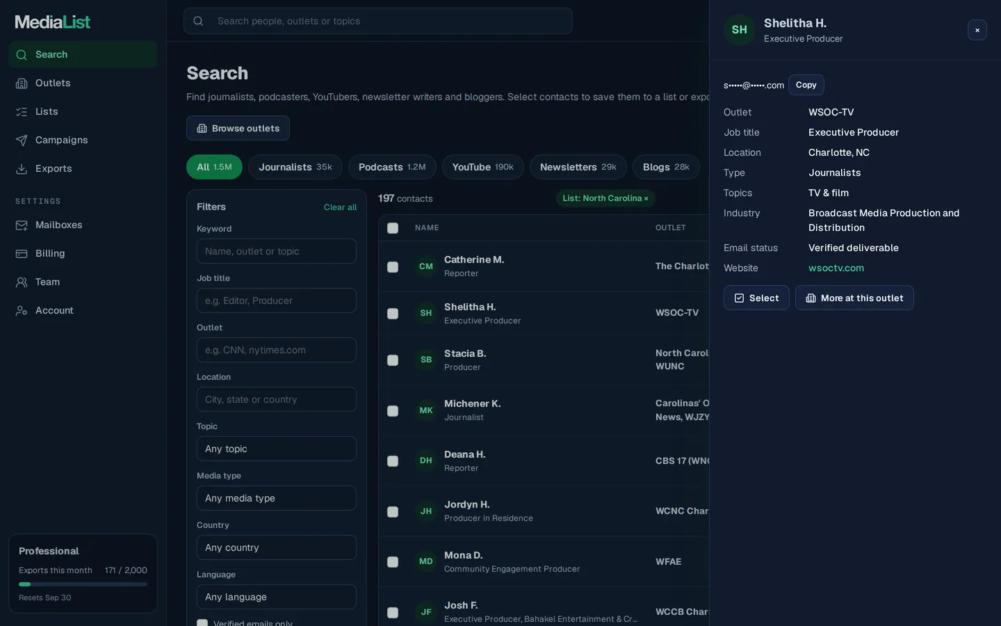 A contact opened in Media List, showing details and an unlocked email
