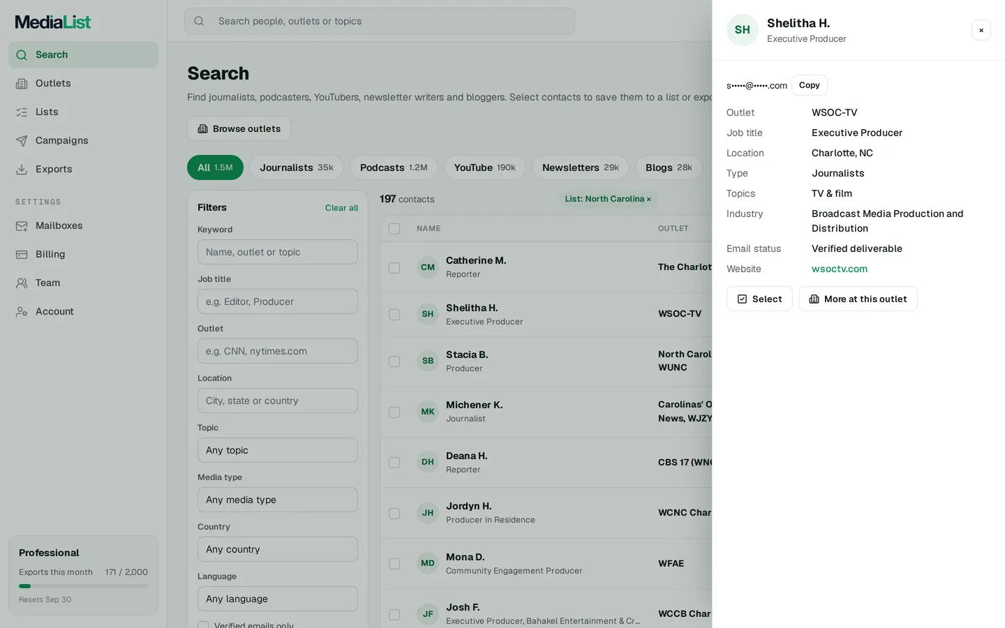 A contact opened in Media List, showing details and an unlocked email