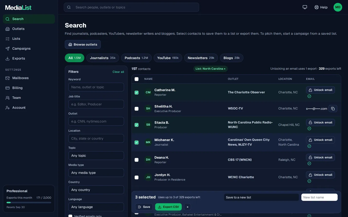Media List search results with filters, showing contacts and verified emails
