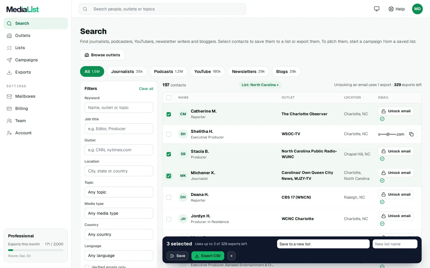 Media List search results with filters, showing contacts and verified emails