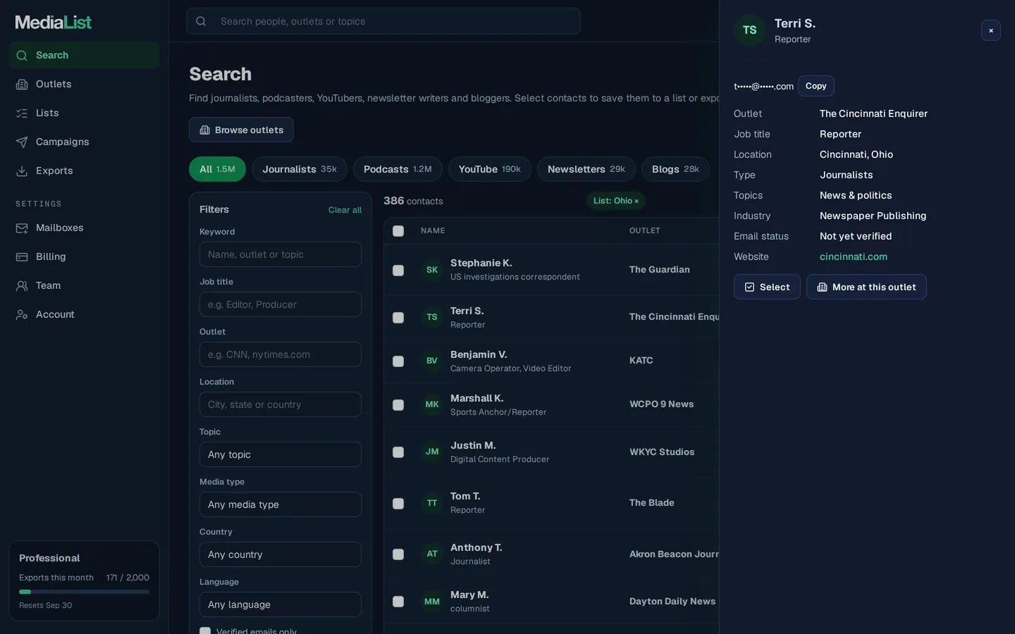 A contact opened in Media List, showing details and an unlocked email