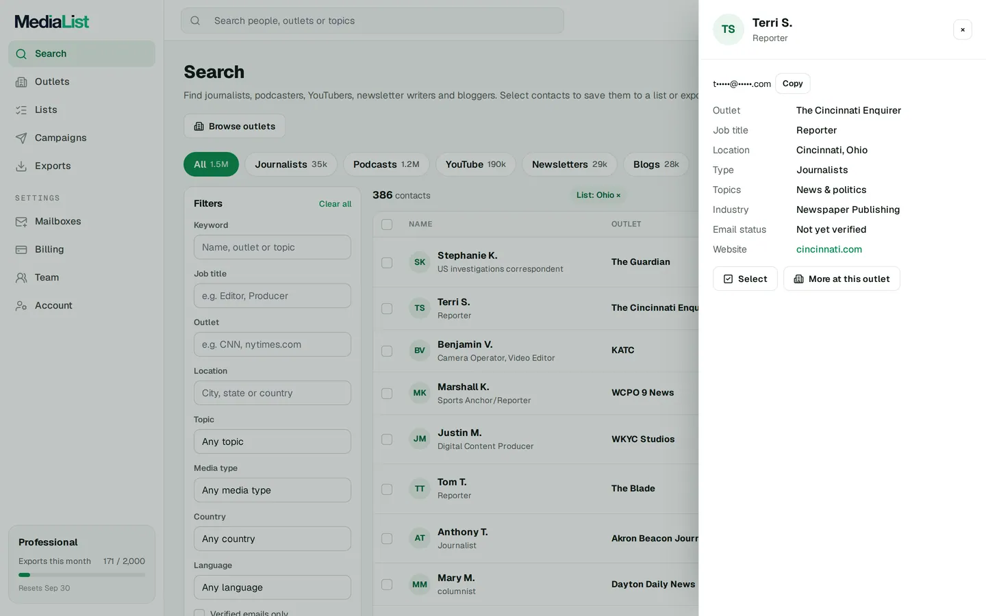 A contact opened in Media List, showing details and an unlocked email