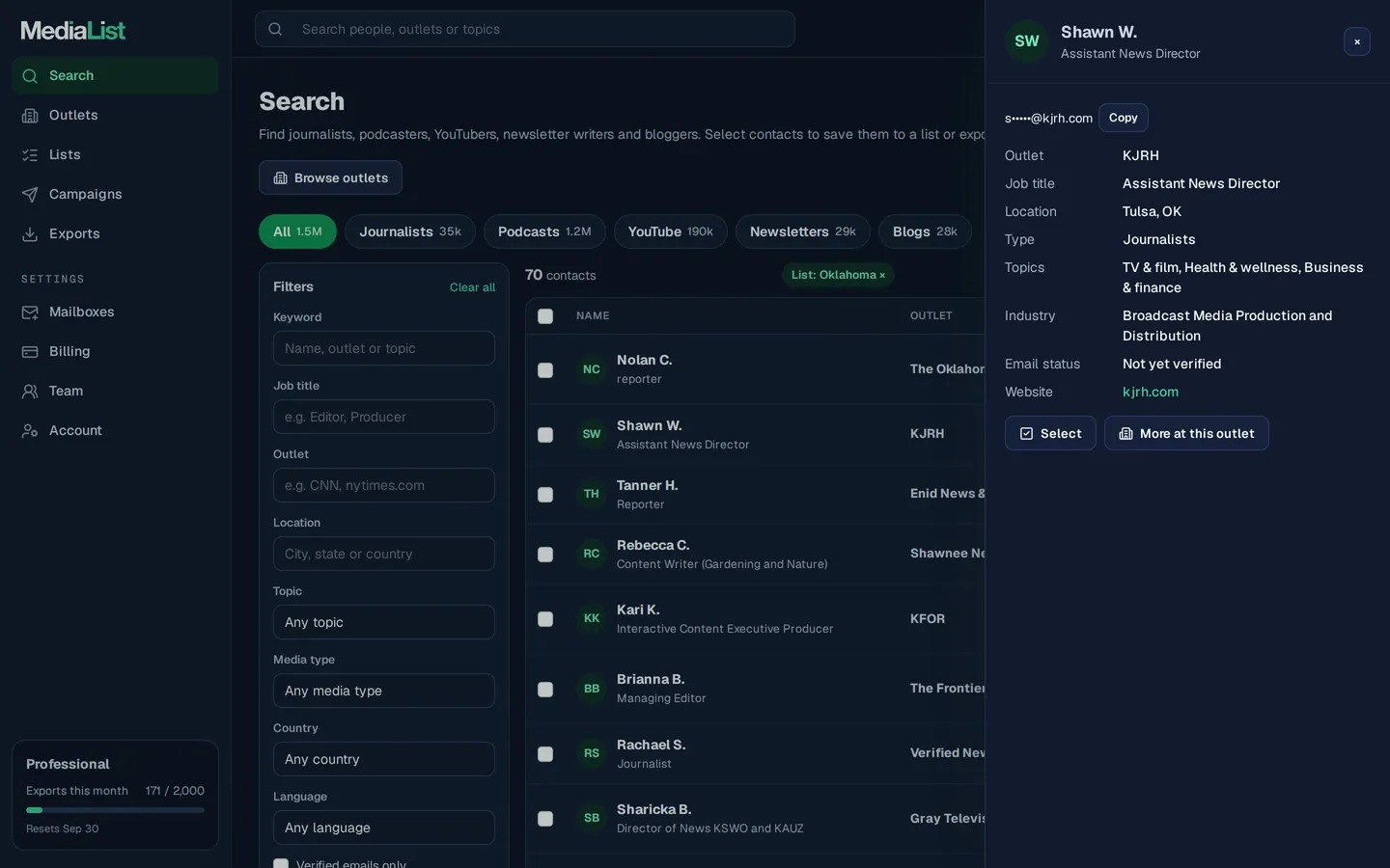 A contact opened in Media List, showing details and an unlocked email