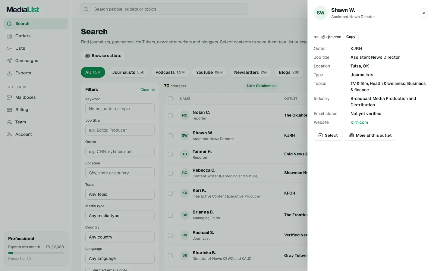 A contact opened in Media List, showing details and an unlocked email