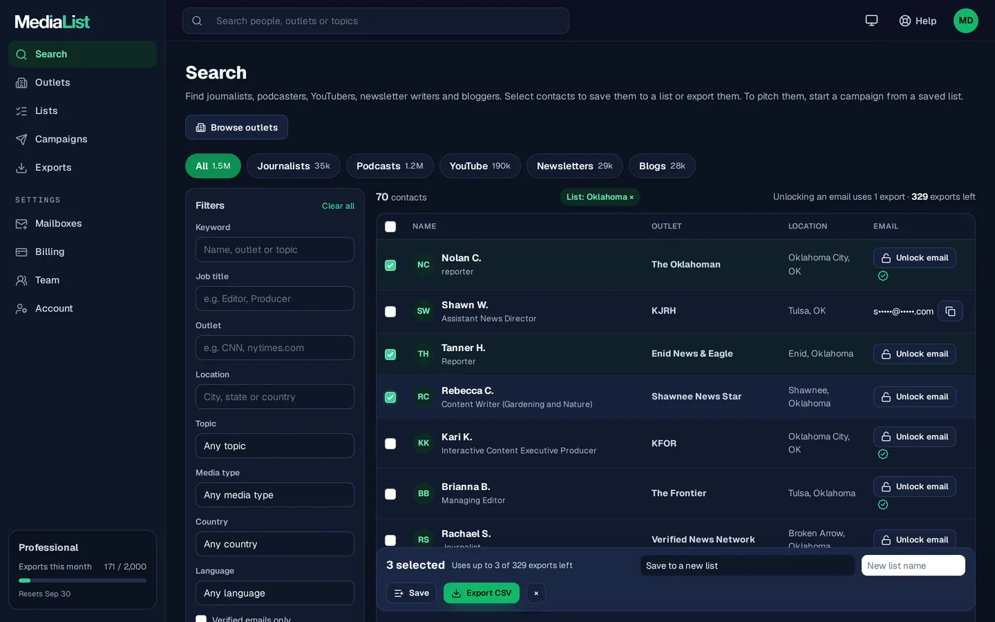 Media List search results with filters, showing contacts and verified emails