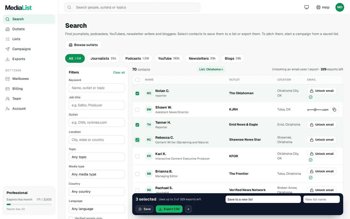 Media List search results with filters, showing contacts and verified emails