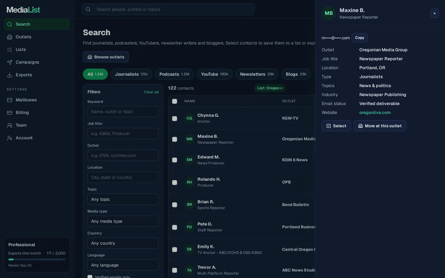 A contact opened in Media List, showing details and an unlocked email