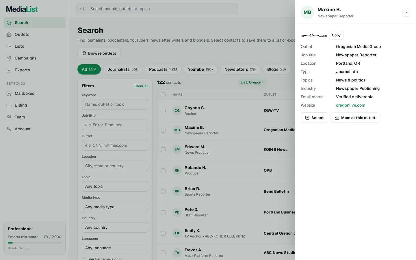 A contact opened in Media List, showing details and an unlocked email