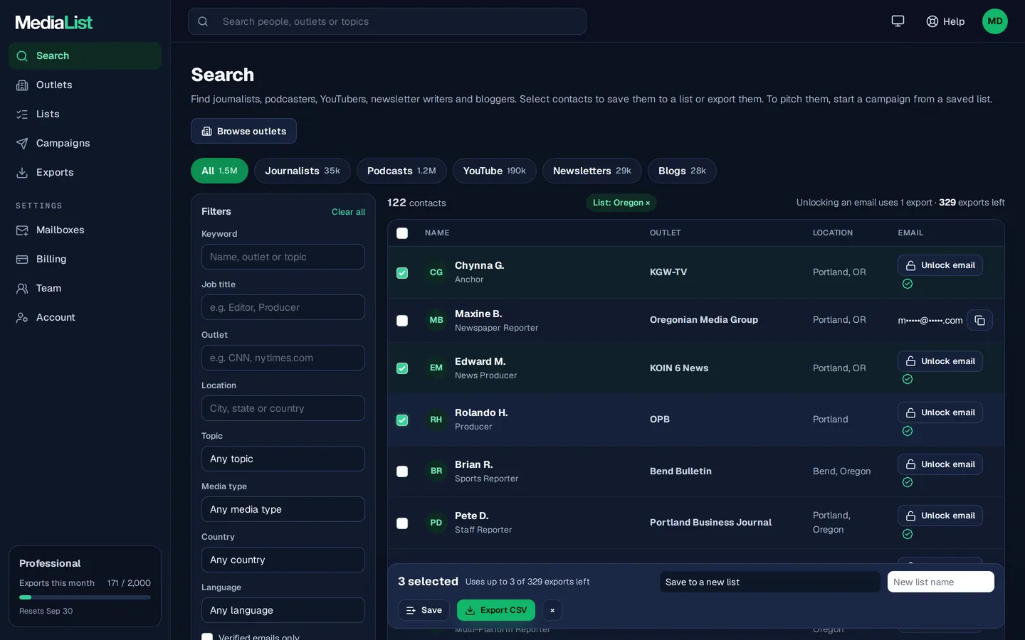Media List search results with filters, showing contacts and verified emails