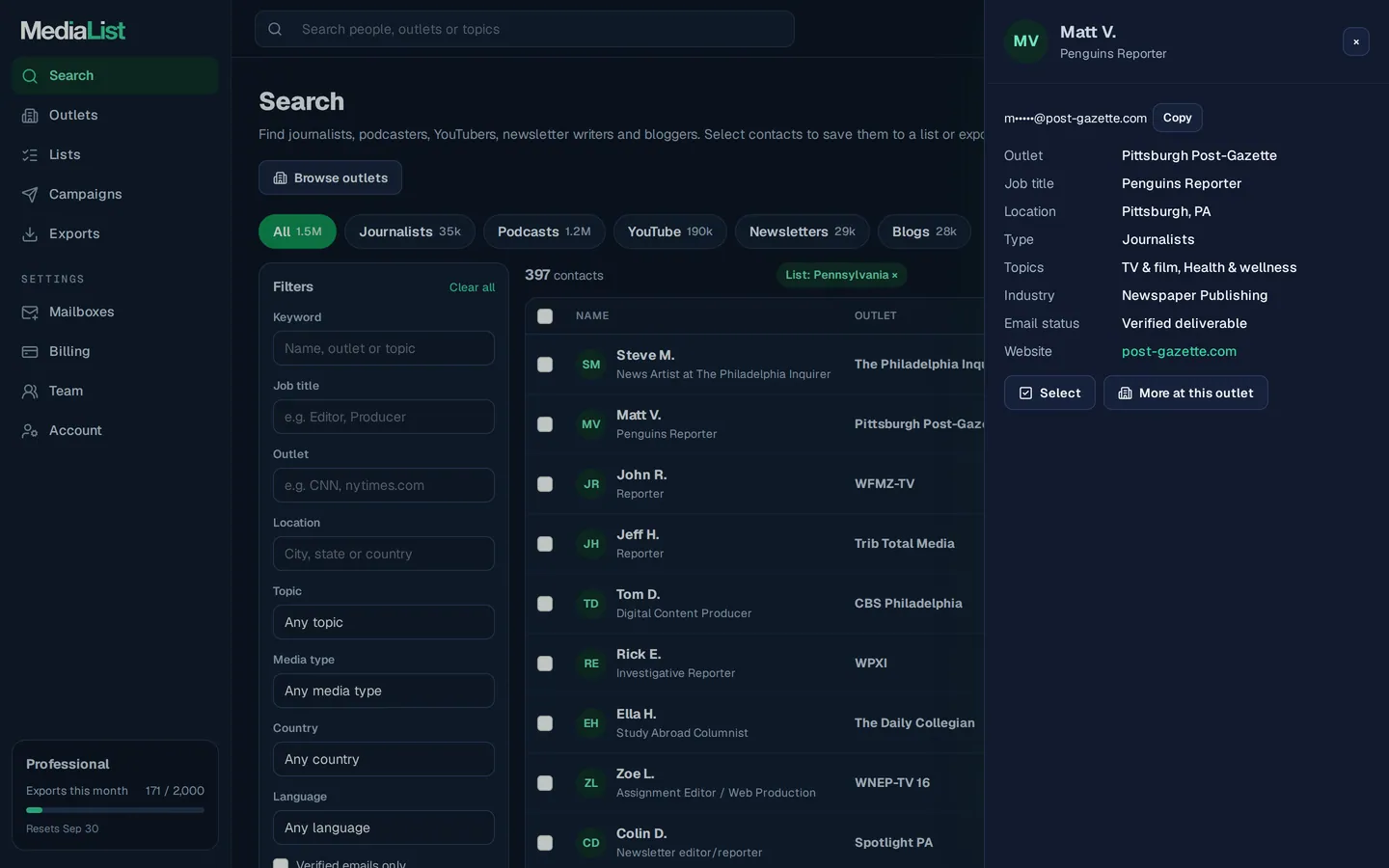 A contact opened in Media List, showing details and an unlocked email