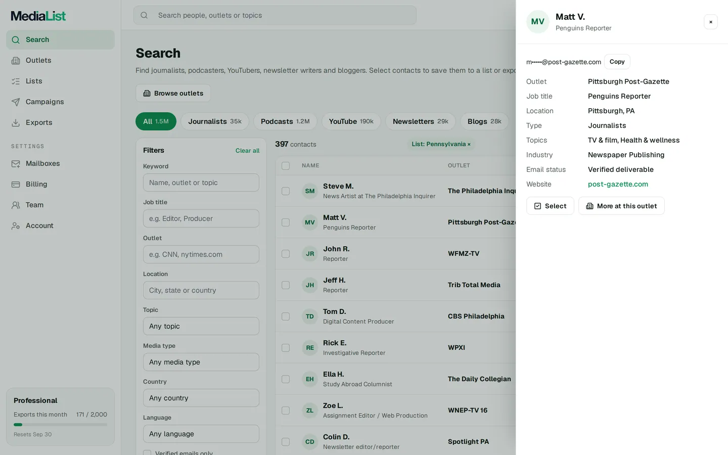 A contact opened in Media List, showing details and an unlocked email